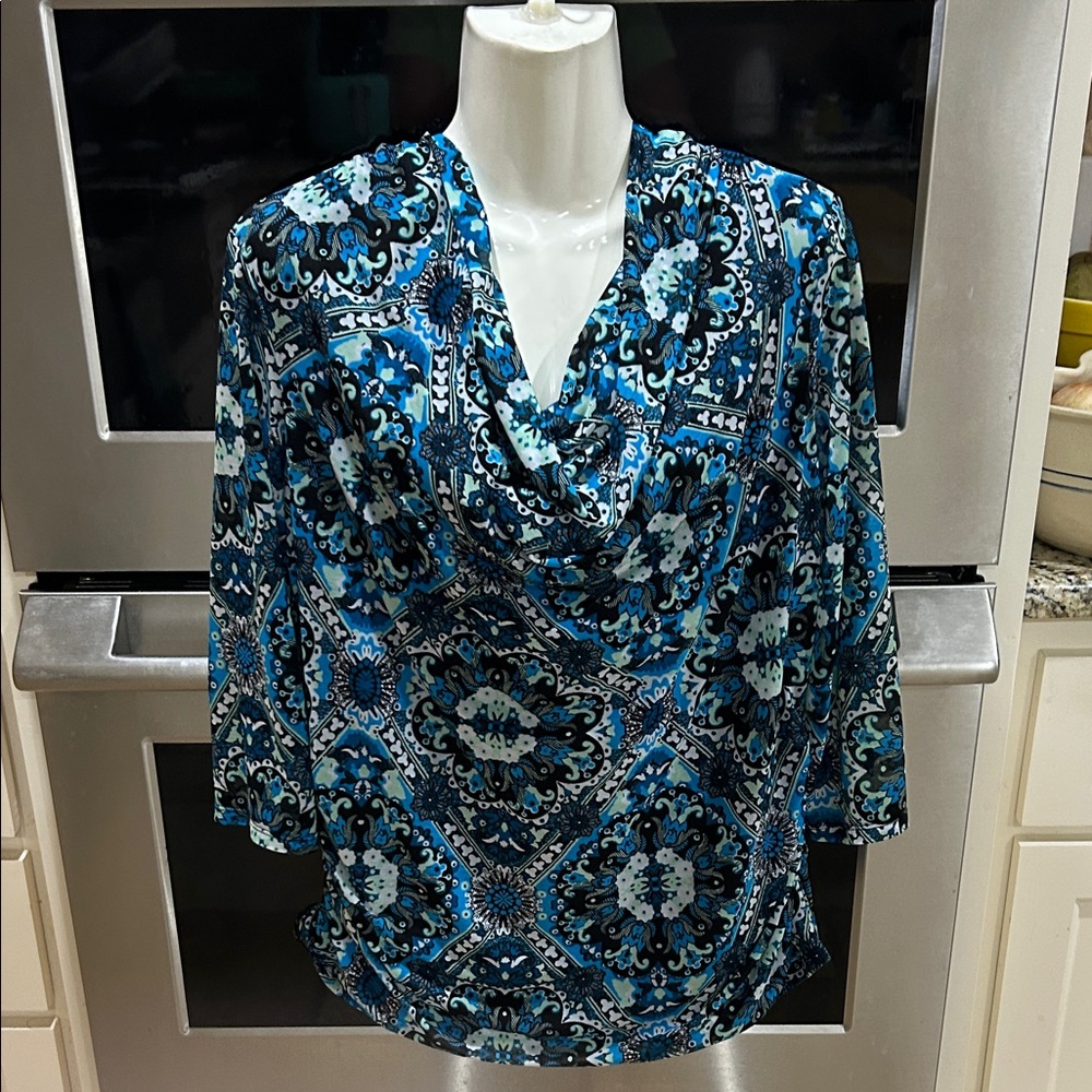 Dana Buchman Teal and Black Patterned Blouse